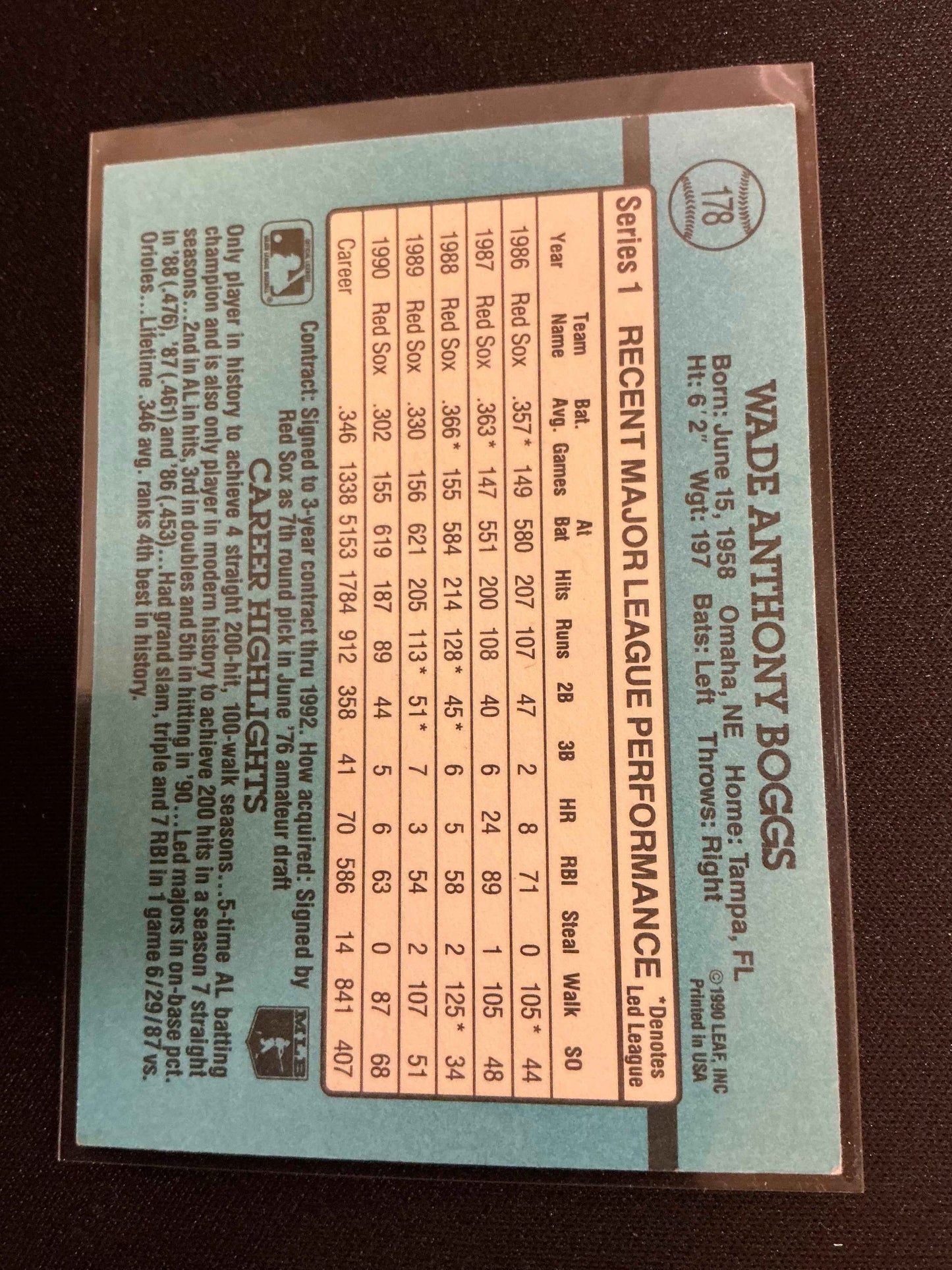 1991 Donruss #178 Wade Boggs No . After INC Error Card