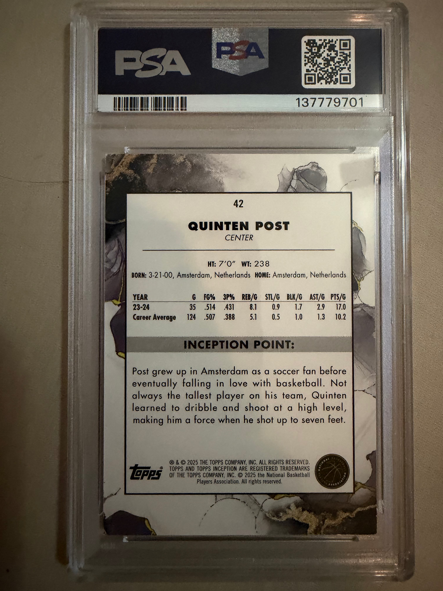 Trading card of Quinten Post in a protective case with PSA logo