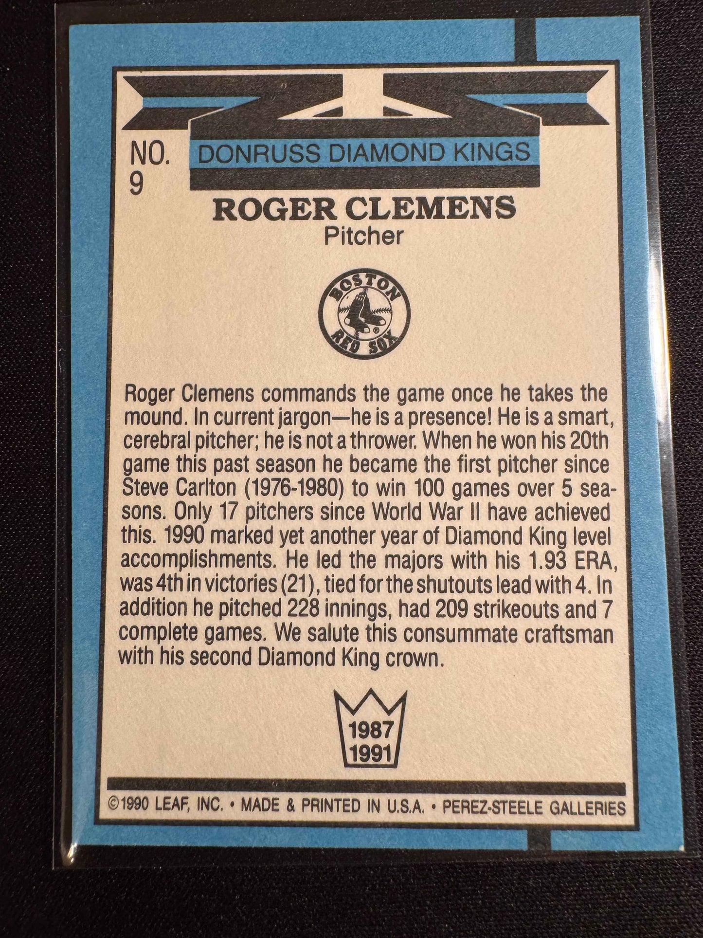 1991 Donruss #9 Roger Clemens Error DK No Trademark Card
