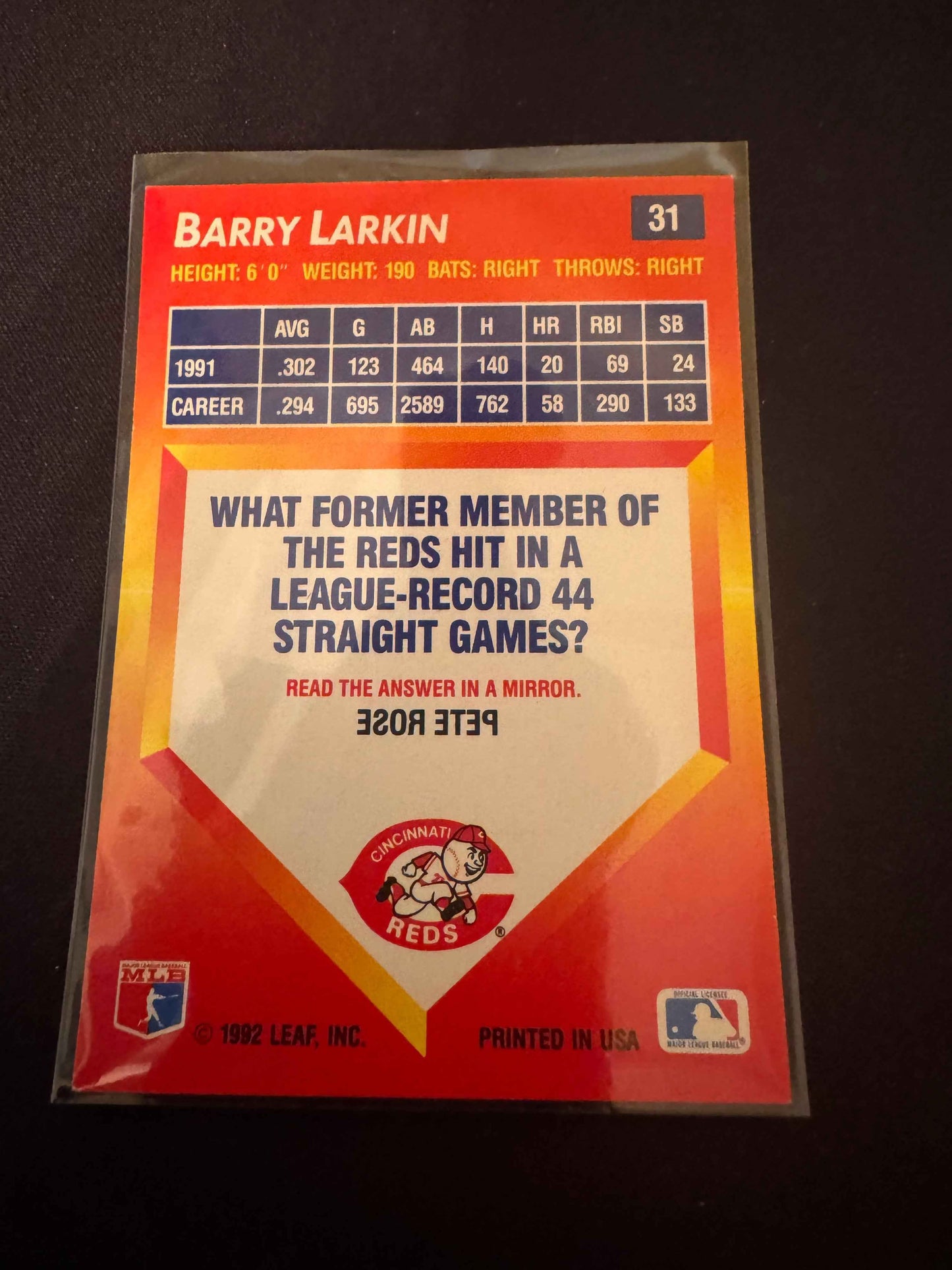 1992 Donruss Triple Play #31 Barry Larkin Card