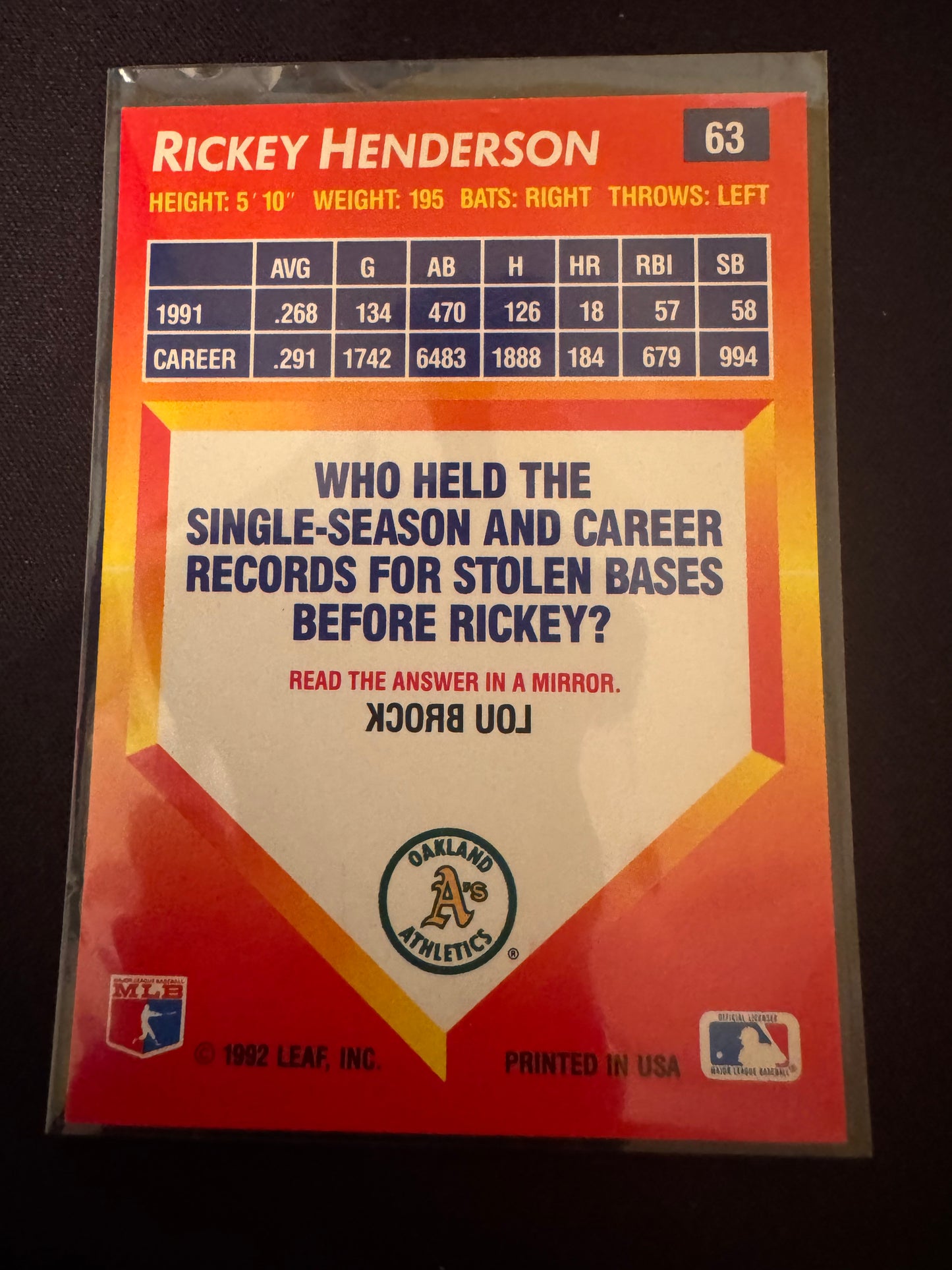 1992 Donruss Triple Play #63 Rickey Henderson Card