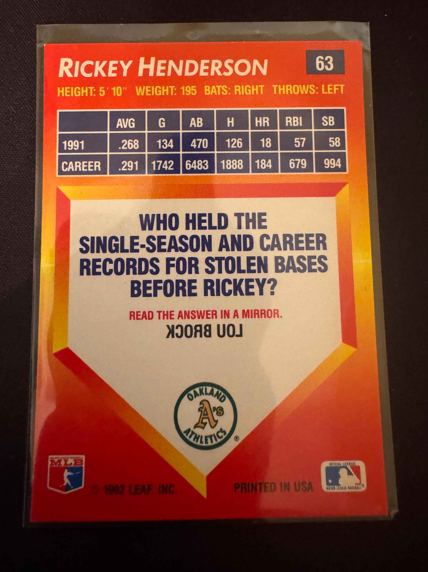 1992 Donruss Triple Play #63 Rickey Henderson Card