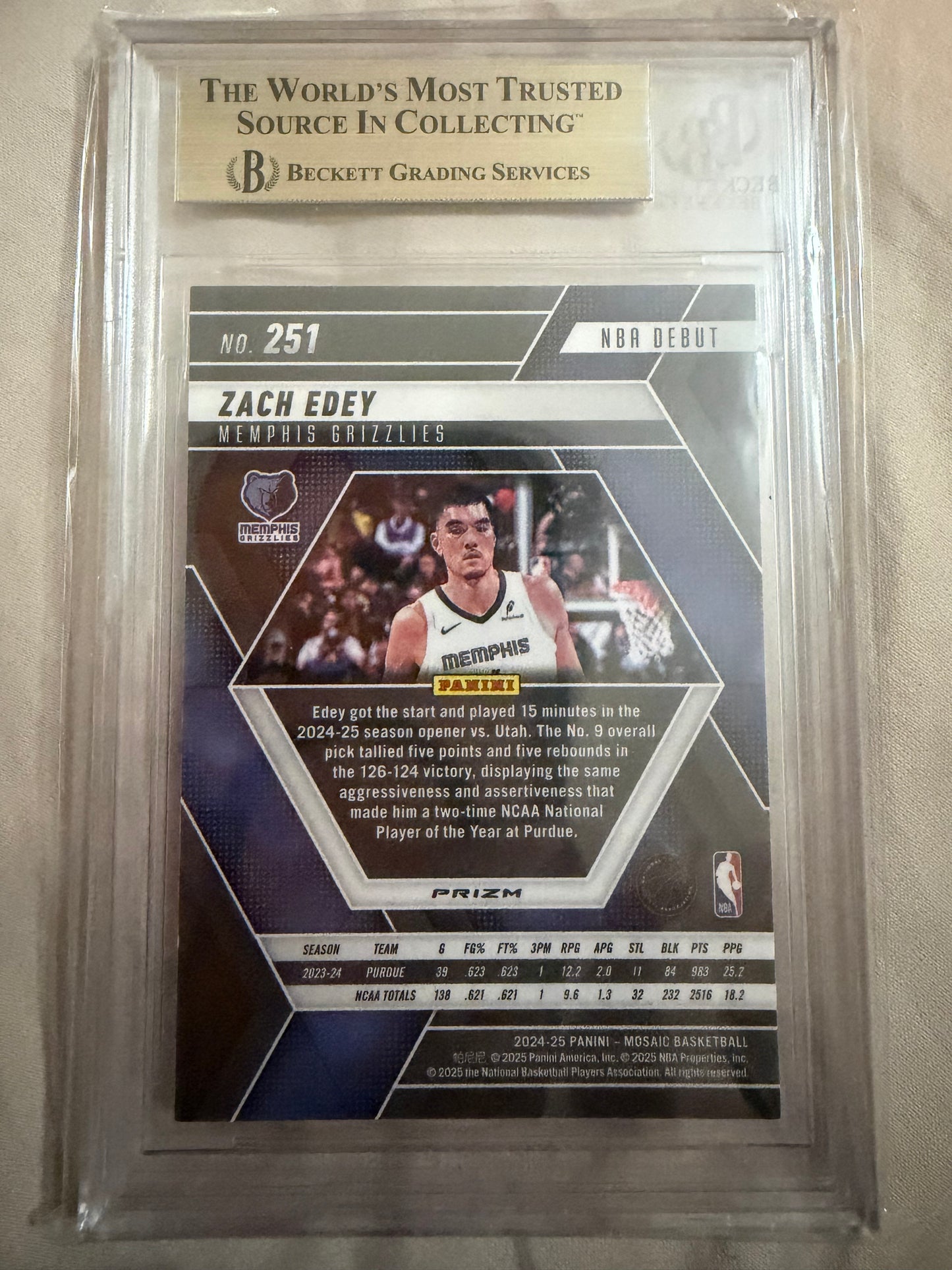 2024-25 Panini Mosaic #251 Zach Edey Mosaic Choice Red & Green NBA Debut BGS 9.5 Gem Mint Memphis Grizzlies Rookie (RC) Card