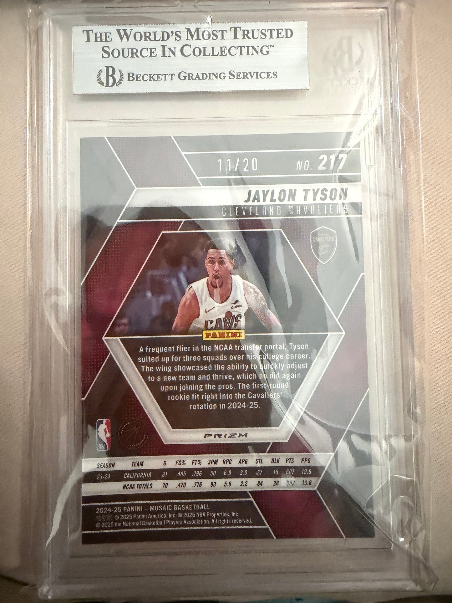 2024-25 Panini Mosaic #217 Jaylon Tyson Mosaic Choice Cherry Blossom 11/20 BGS 9.0 Mint Cleveland Cavaliers Rookie (RC) Card