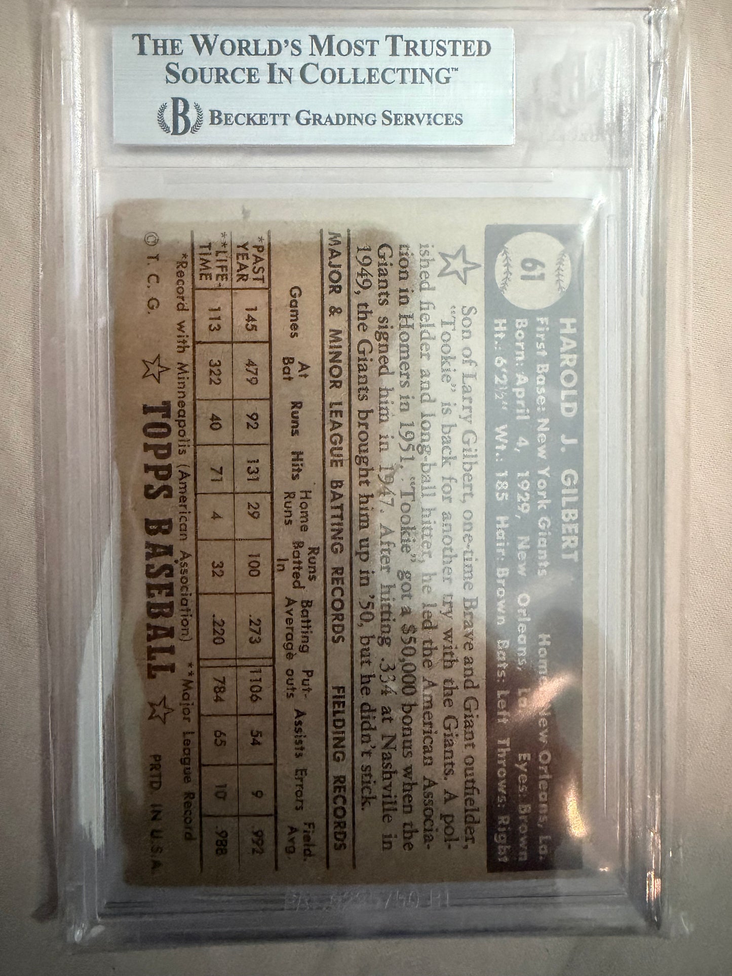 Vintage Topps baseball card featuring Harold J. Gilbert with player statistics and details.