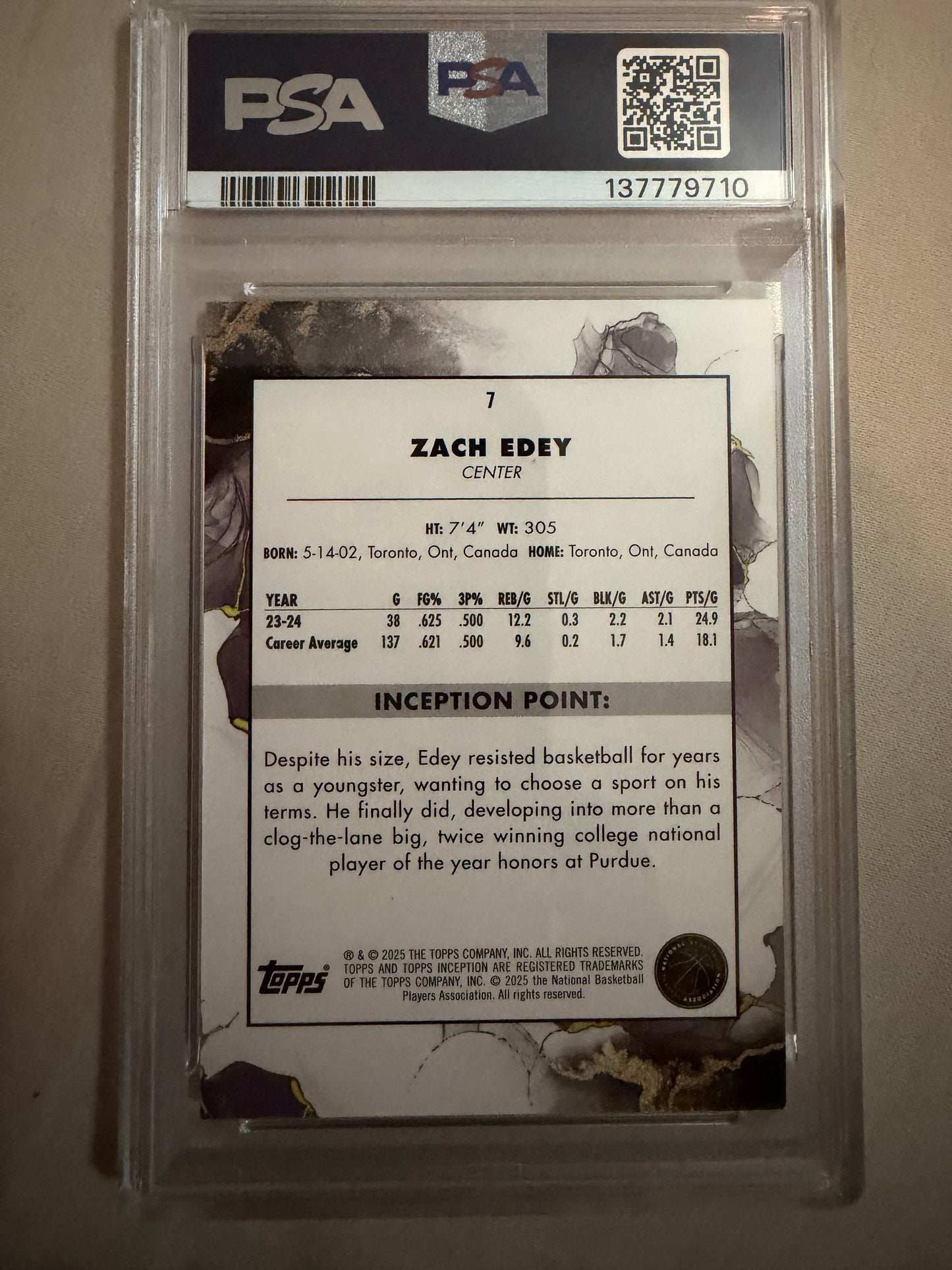 2024-25 Topps Inception #7 Zach Edey PSA 9 Memphis Grizzlies Rookie (RC) Card