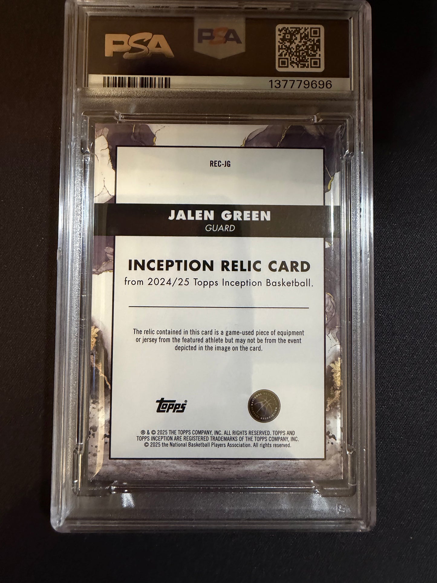 2024-25 Topps Inception #REC-JG Jalen Green PSA 8 Cert #137779696 Relic Near Mint Mint Houston Rockets Card