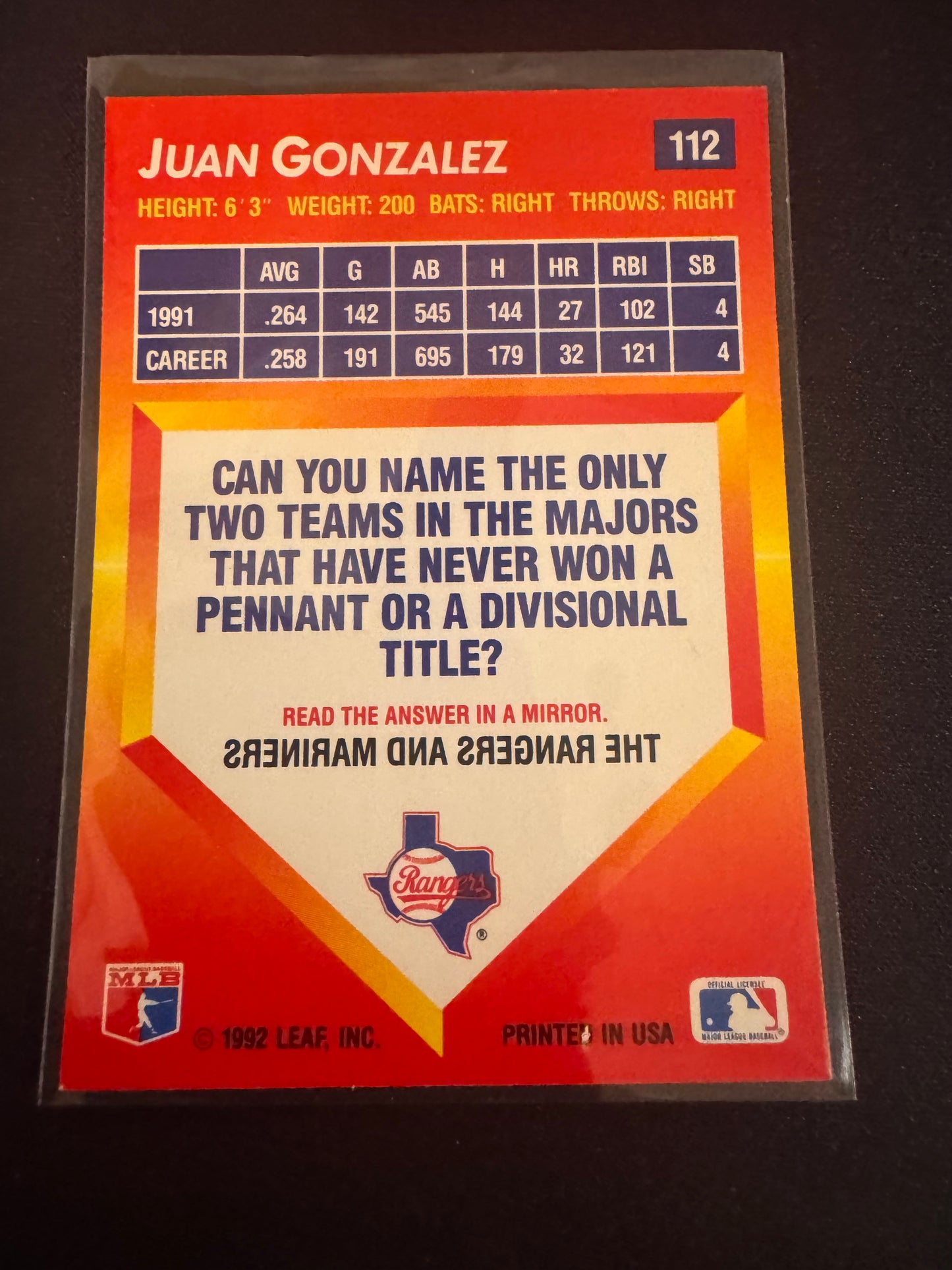 1992 Donruss Triple Play #112 Juan Gonzalez Card