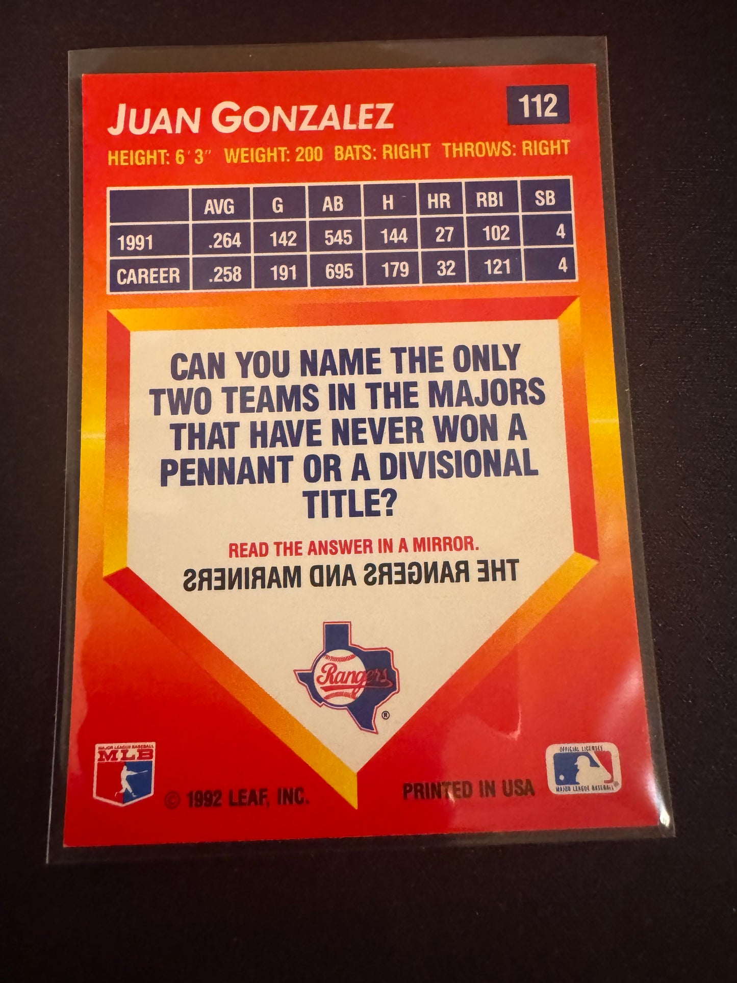 1992 Donruss Triple Play #112 Juan Gonzalez Card