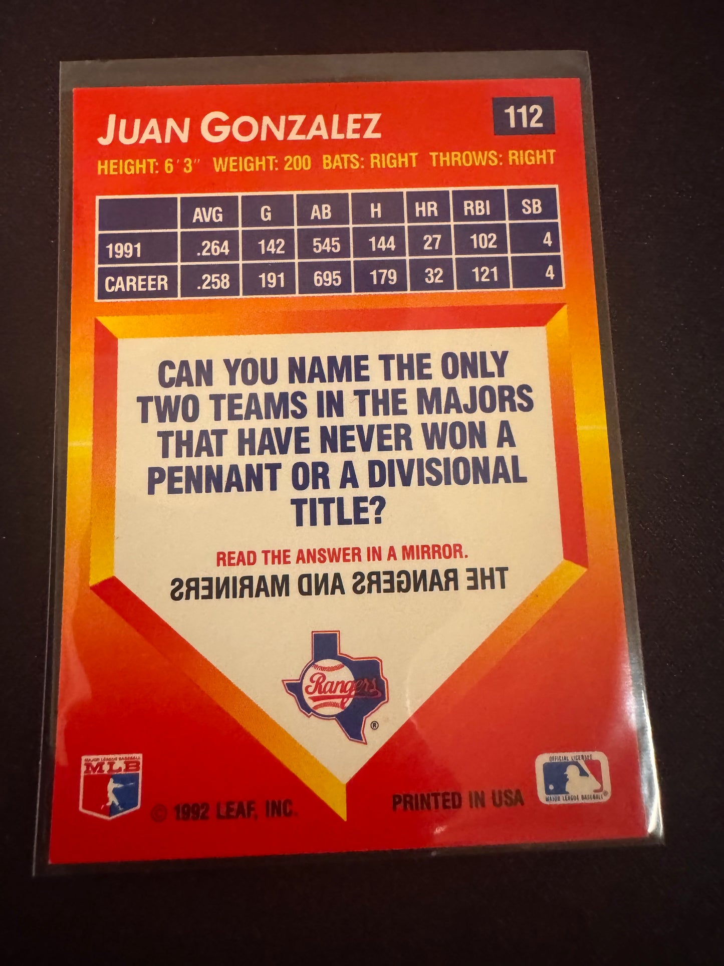 1992 Donruss Triple Play #112 Juan Gonzalez Card