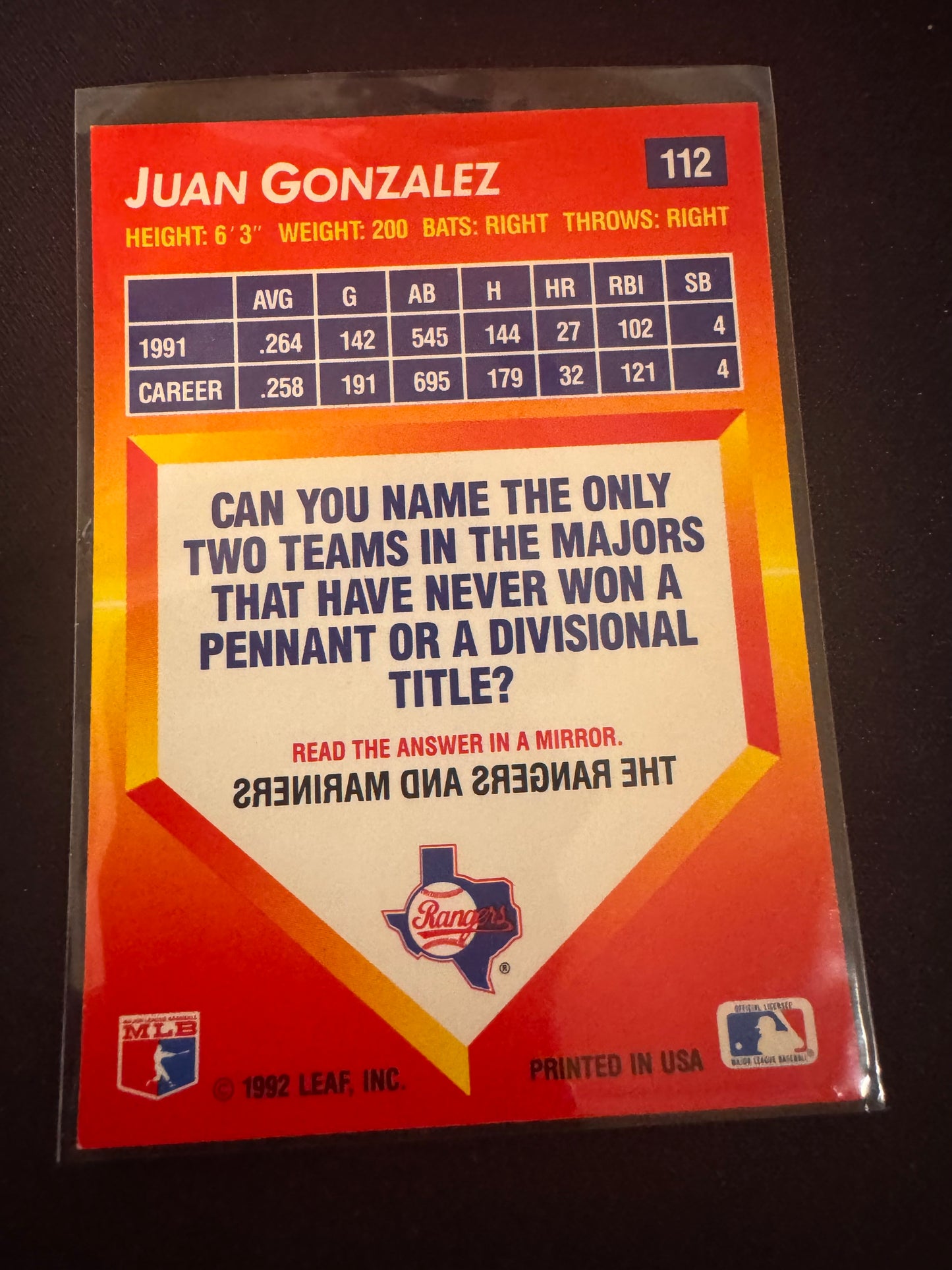 1992 Donruss Triple Play #112 Juan Gonzalez Card