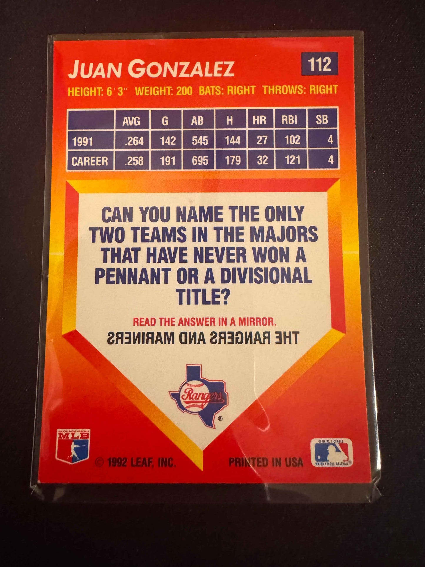 1992 Donruss Triple Play #112 Juan Gonzalez Card