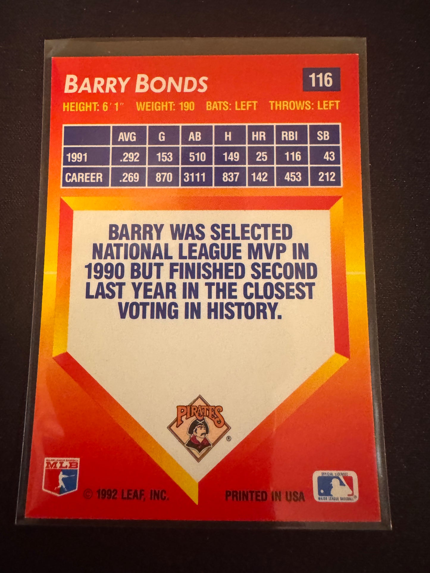 1992 Donruss Triple Play #116 Barry Bonds Card