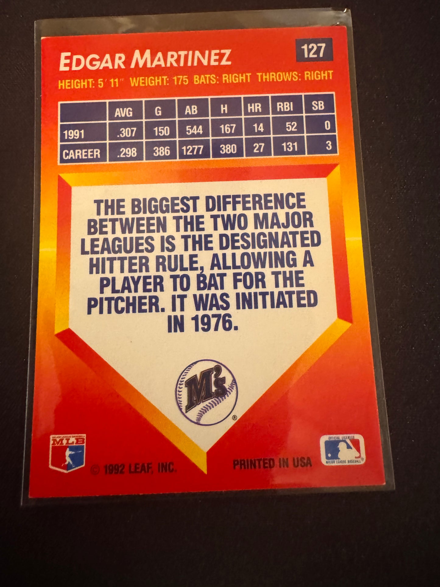 1992 Donruss Triple Play #127 Edgar Martinez Card