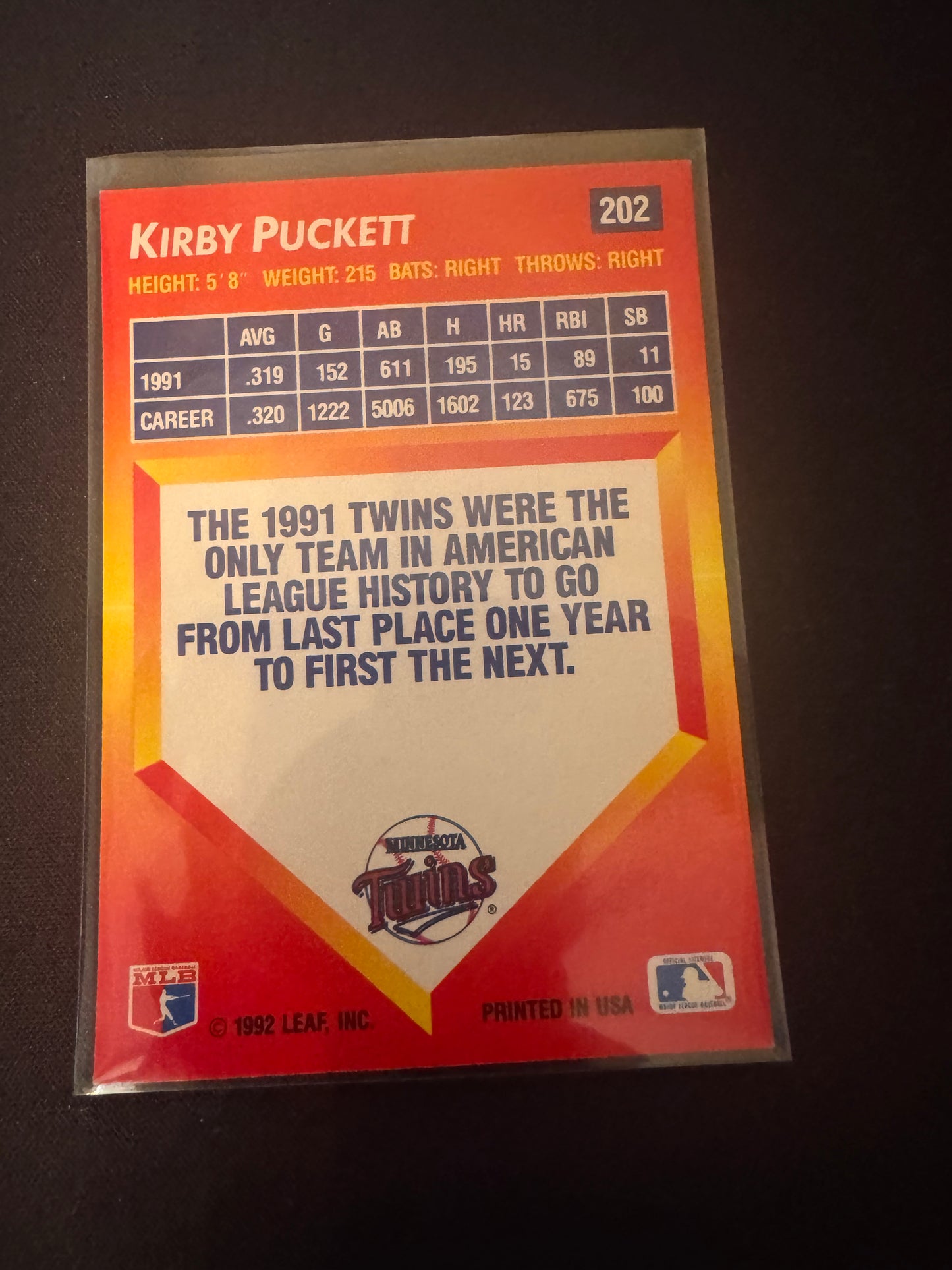 1992 Donruss Triple Play #202 Kirby Puckett Card