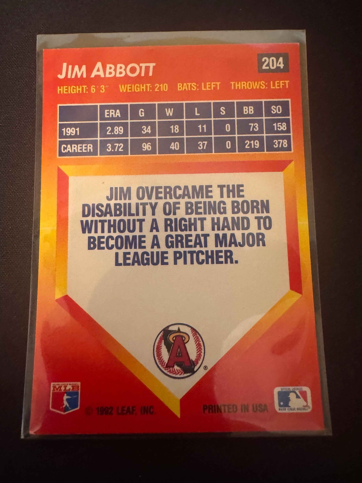 1992 Donruss Triple Play #204 Jim Abbott Card