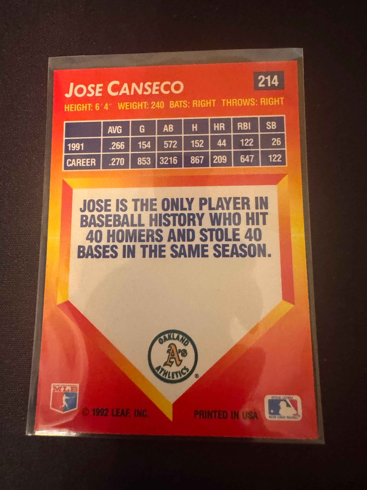 1992 Donruss Triple Play #214 Jose Canseco Card