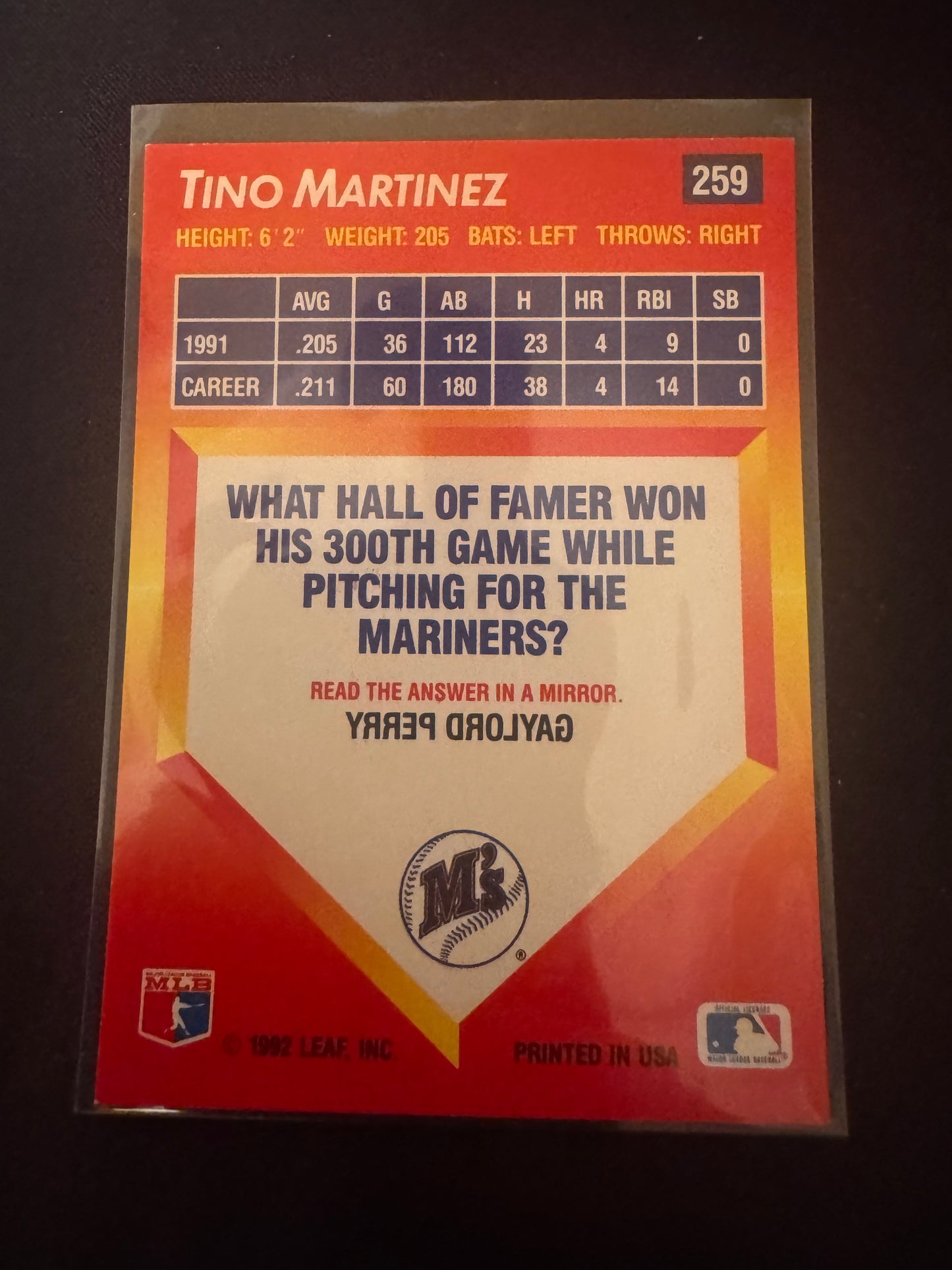 1992 Donruss Triple Play #259 Tino Martinez Card