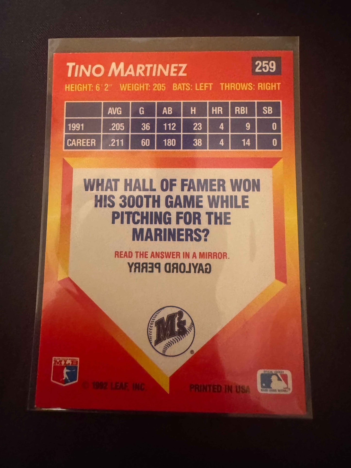 1992 Donruss Triple Play #259 Tino Martinez Card