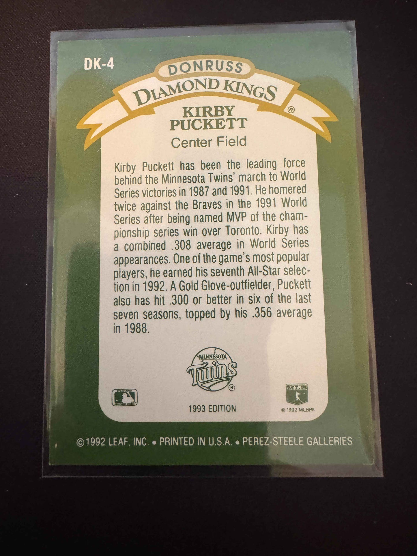 1993 Donruss #DK-4 Kirby Puckett DK Card