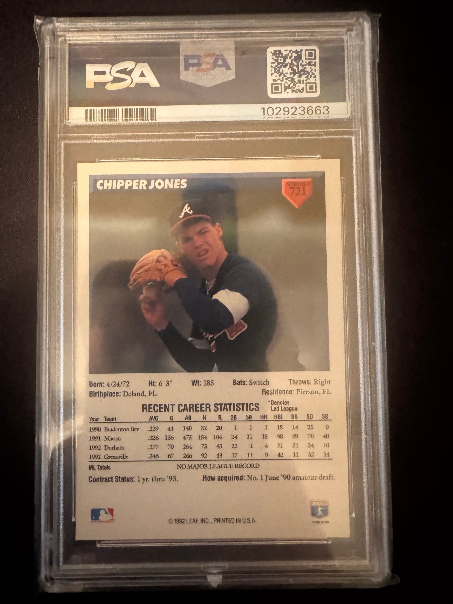 1993 Donruss #721 Chipper Jones PSA 9 Rookie Card