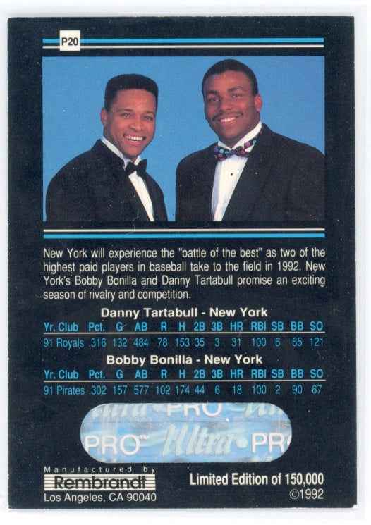 1992 Rembrandt Ultra-Pro Promos #P20 Danny Tartabull Bobby Bonilla Hologram Card.
