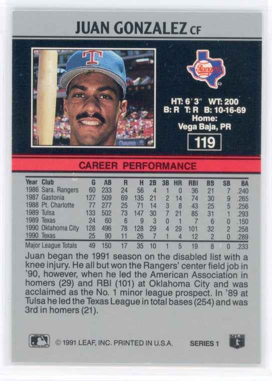 1991 Leaf #119 Juan Gonzalez Card