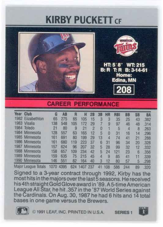 1991 Leaf #208 Kirby Puckett Card