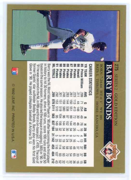 1992 Leaf Black Gold #275 Barry Bonds Card