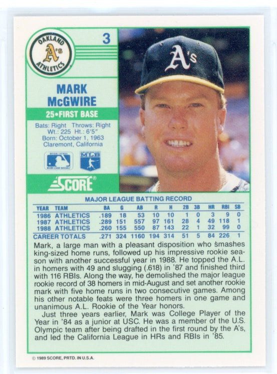 1989 Score #3 Mark McGwire Card