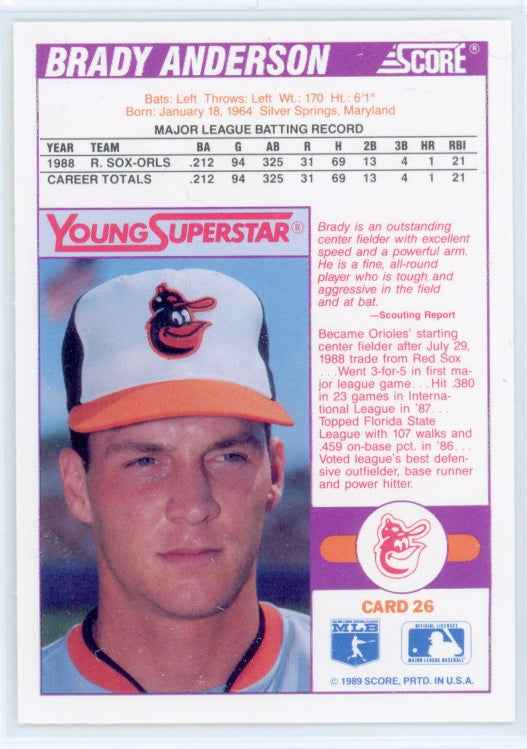 1989 Score #26 Brady Anderson Young Superstars Rookie Card