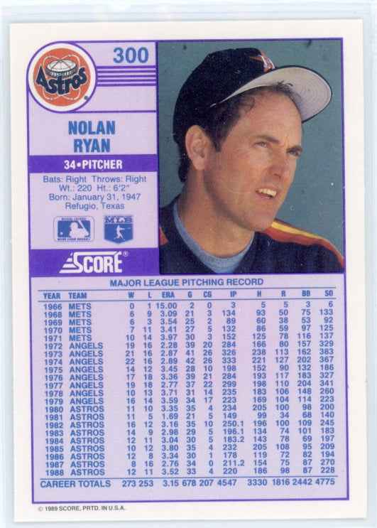 1989 Score #300 Nolan Ryan Card