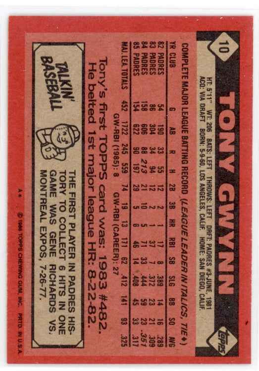 1986 Topps #10 Tony Gwynn Card