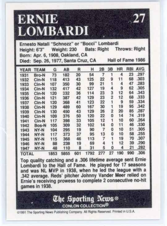 1991 Conlon TSN #27 Ernie Lombardi Card