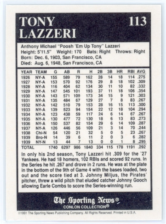 1991 Conlon TSN #113 Tony Lazzeri Card