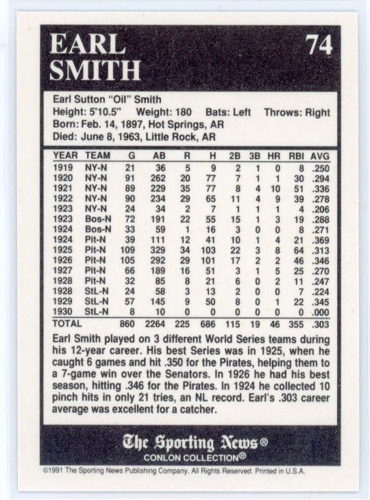 1991 Conlon TSN #74 Earl Smith Card