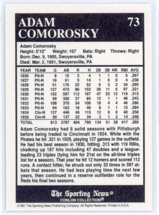 1991 Conlon TSN #73 Adam Comorosky Card