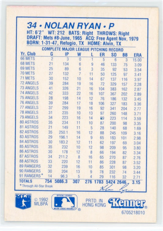 1992 Kenner Starting Lineup #29 Nolan Ryan Card