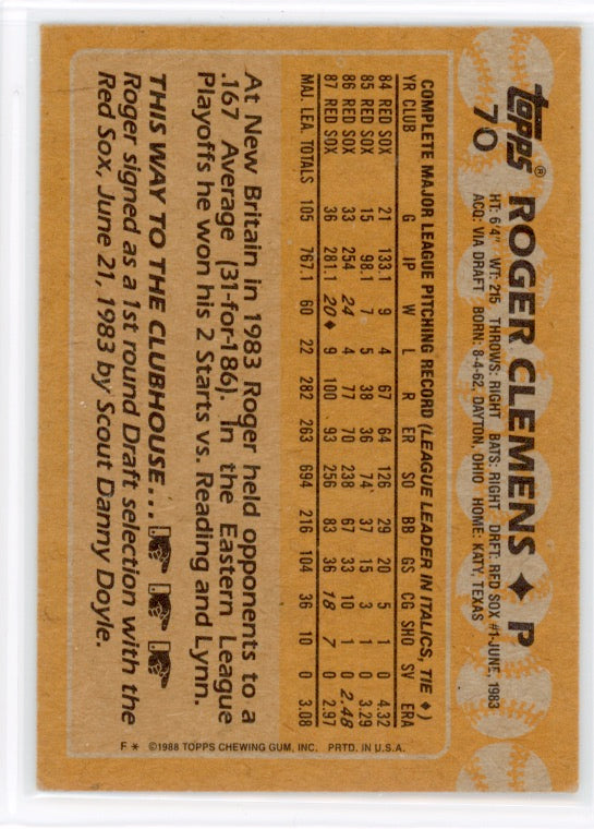 1988 Topps #70 Roger Clemens Card