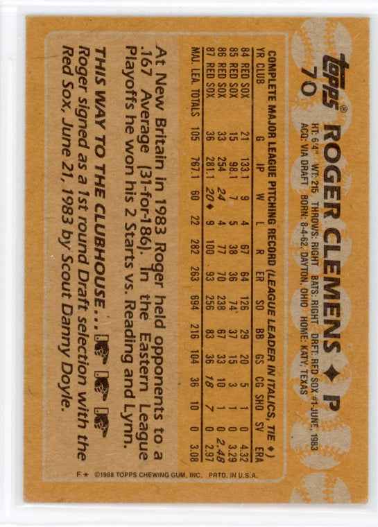 1988 Topps #70 Roger Clemens Card