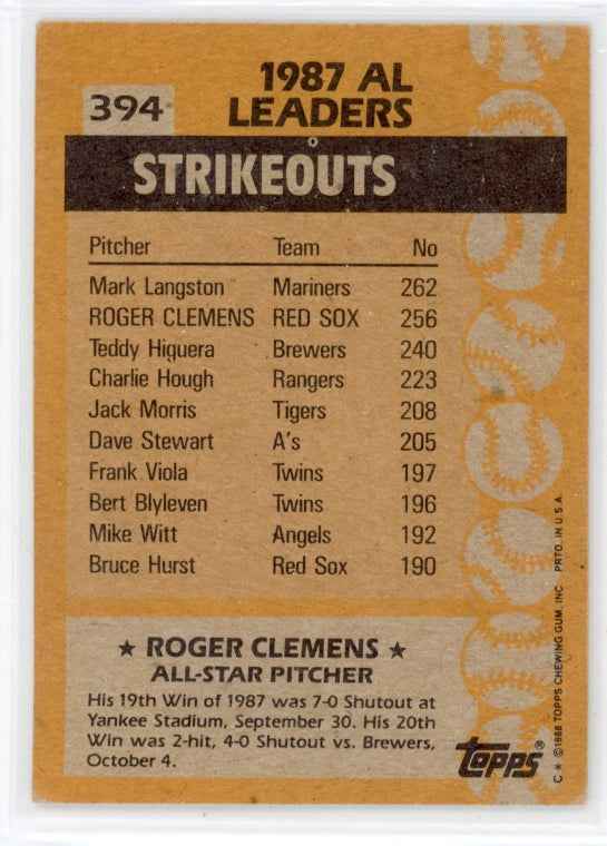 1988 Topps #394 Roger Clemens AS Card
