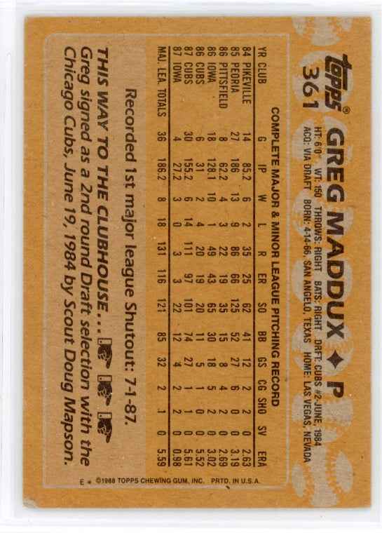 1988 Topps #361 Greg Maddux Card