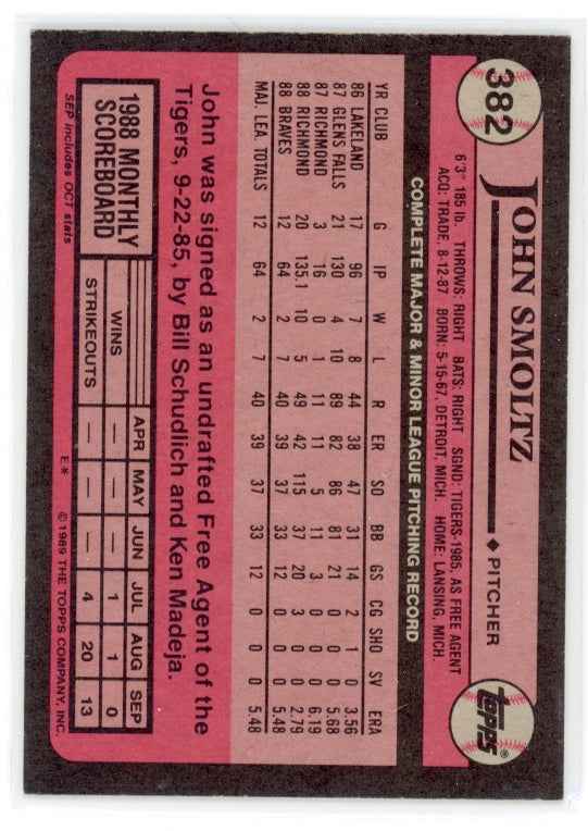 1989 Topps #382 John Smoltz RC Card
