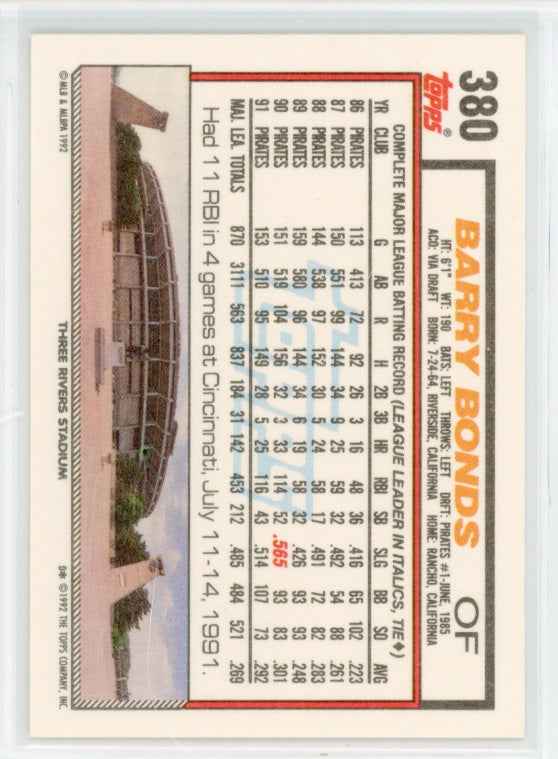 1992 Topps #380 Barry Bonds Card