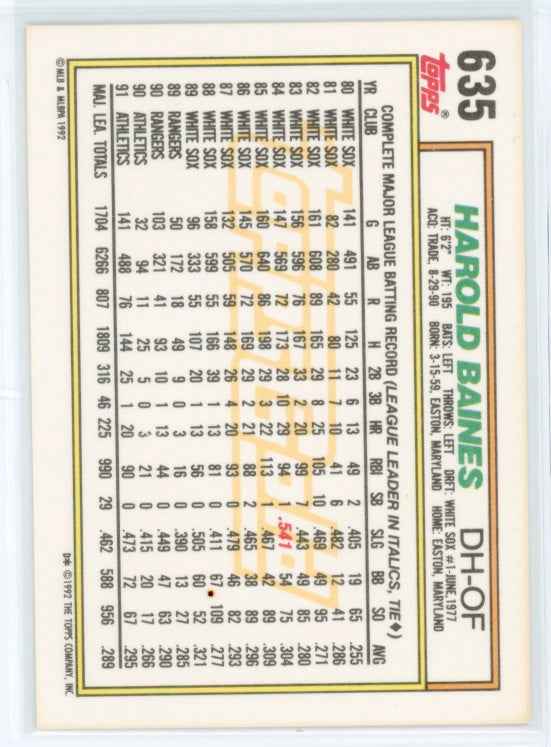 1992 Topps Gold #635 Harold Baines Card