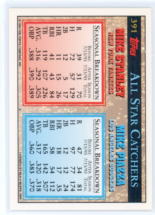 Tarjeta de Mike Stanley/Mike Piazza Topps n.° 391 de 1994