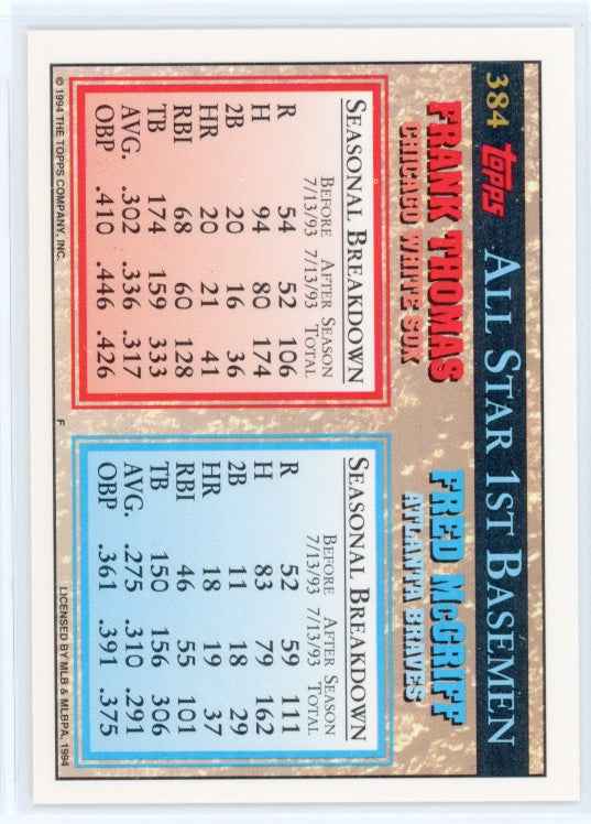 1994 Topps #384 Frank Thomas Fred McGriff Card