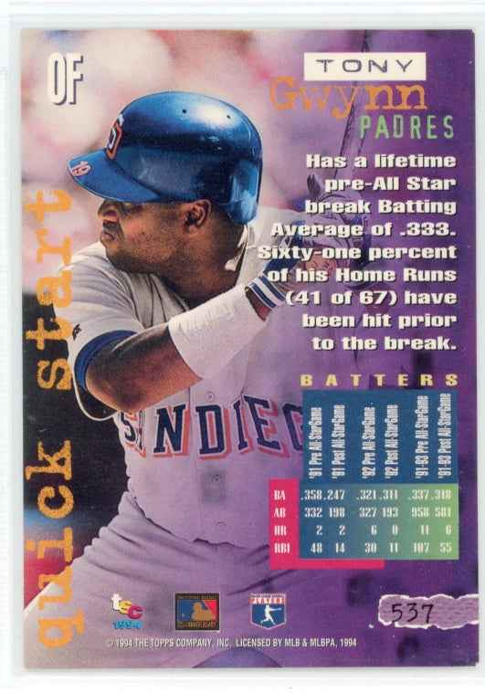1994 Topps Stadium Club Quick Start #537 Tony Gwynn Card