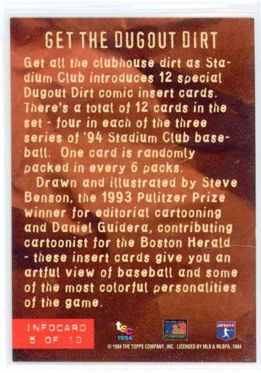 1994 Topps Stadium Club Mike Piazza #5 of 10 Dogout Dirt Info Card