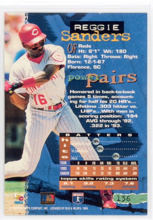 Tarjeta de Reggie Sanders n.° 136 del Topps Stadium Club de 1994